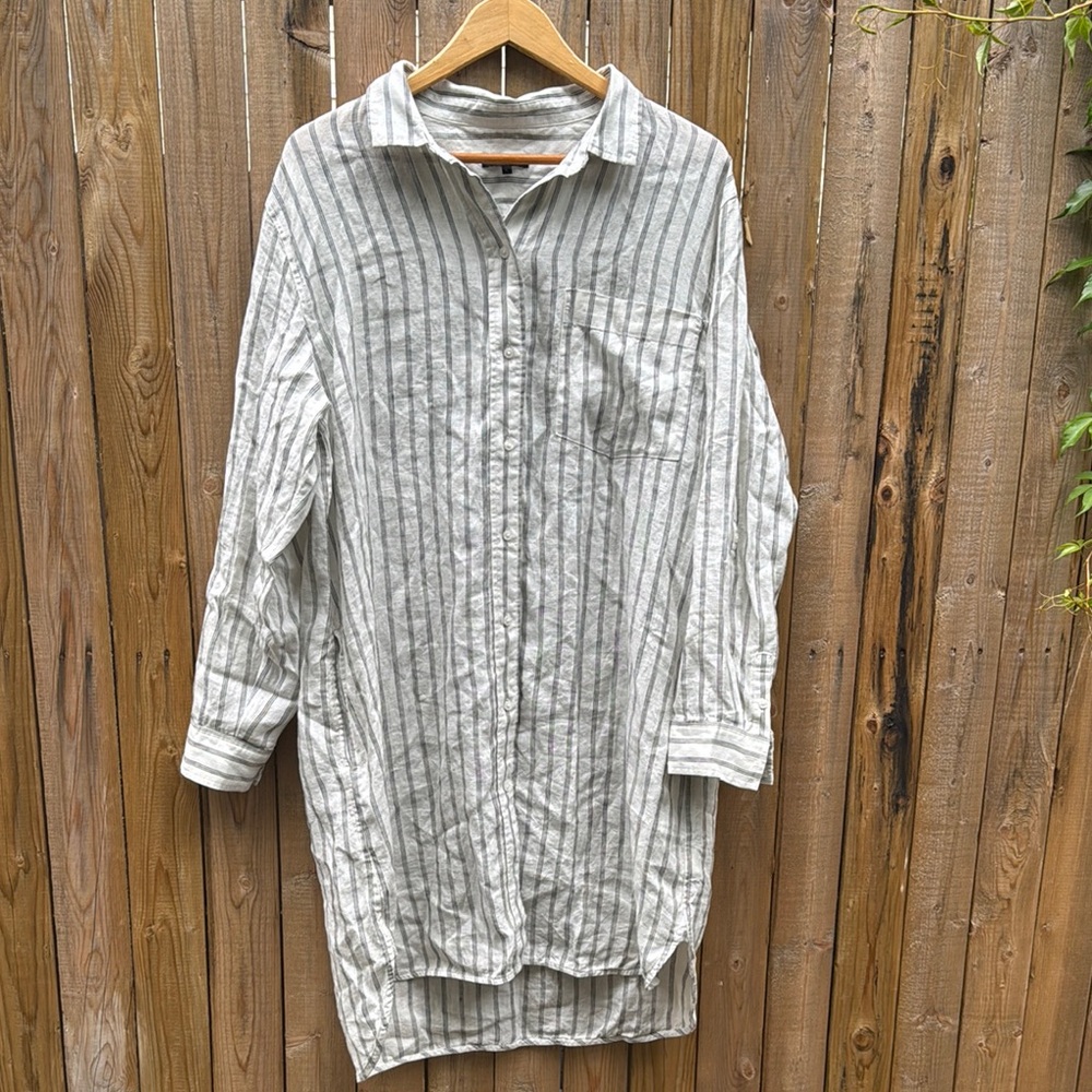 Quince White and Gray Striped Linen Shirt Dress